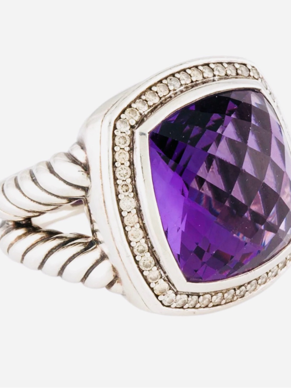 David Yurman Amethyst and Diamond Sterling Silver Ring - Size 7.5 -
